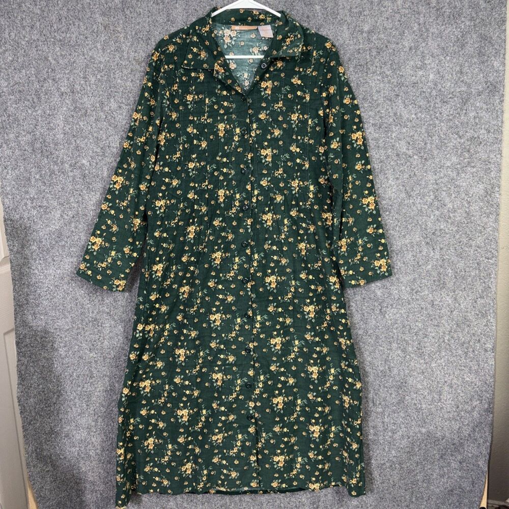 La Cera Dress Womens Size M Green Corduroy Peasant Cottagecore Prairie